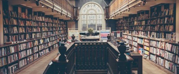 Library aisle with wooden shelves and hundreds of books